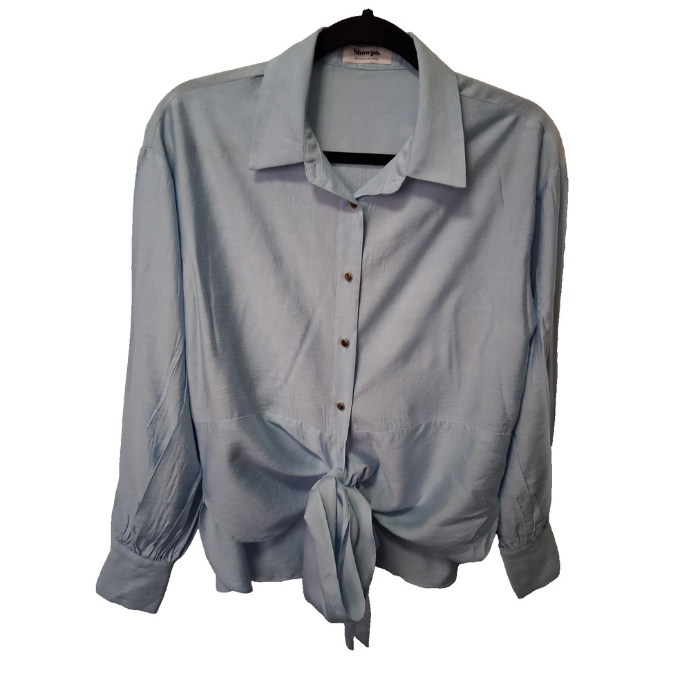 Show Po. Women Button Up BlouseTie in Front Lightweight Long Sleeve Baby Blue-0